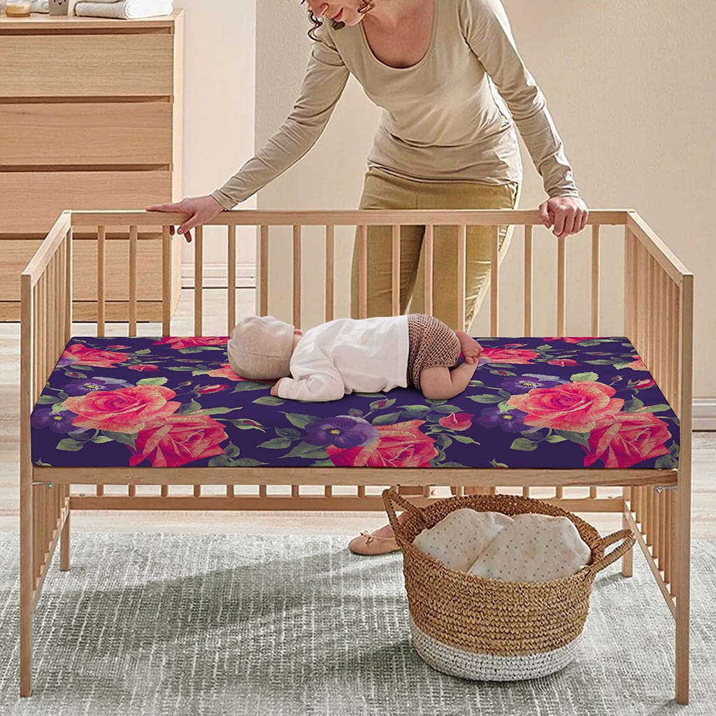 Rose Pansy Floral Flower Pattern Print Baby Crib Sheet