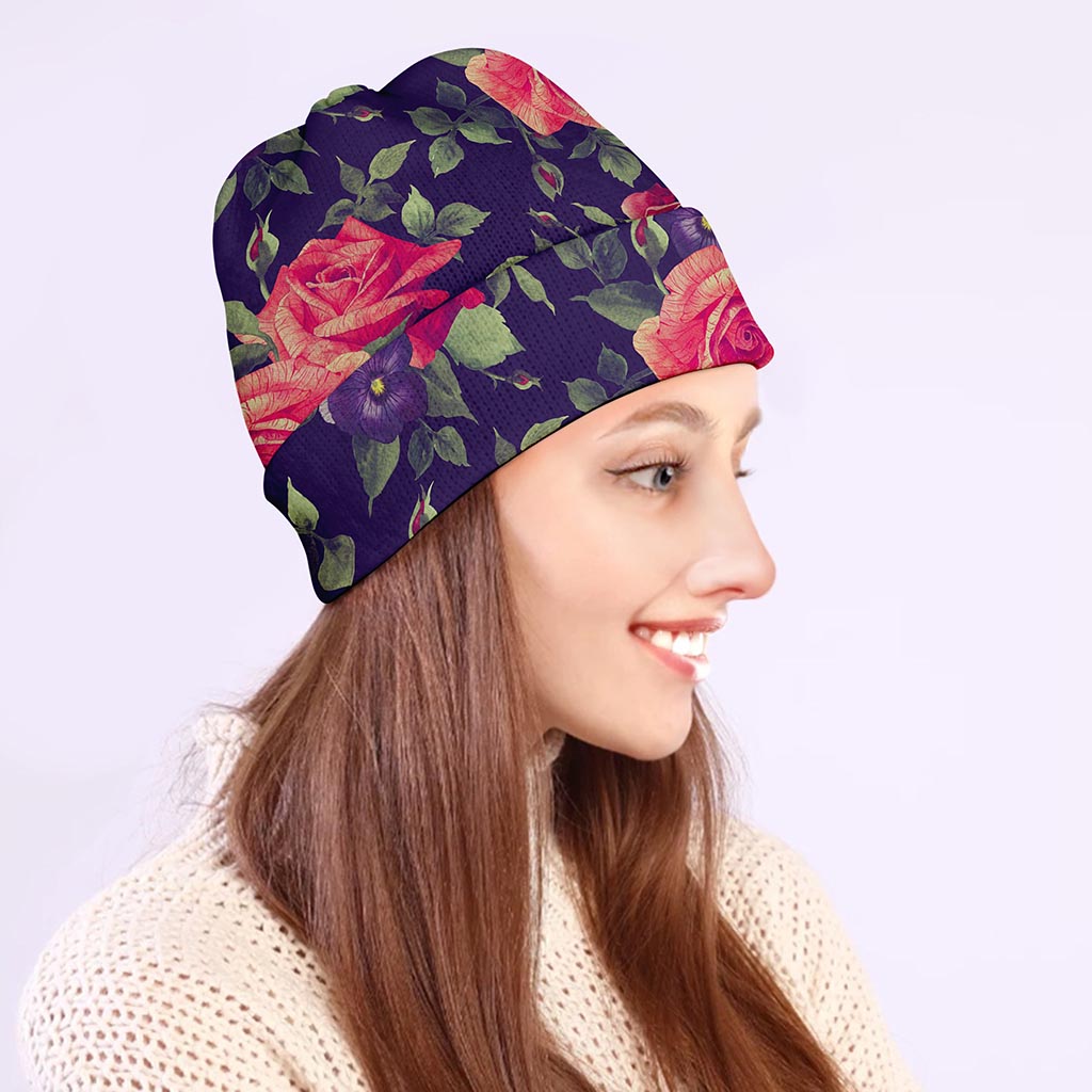 Rose Pansy Floral Flower Pattern Print Beanie