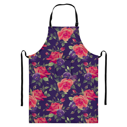 Rose Pansy Floral Flower Pattern Print Bib Apron With Pocket