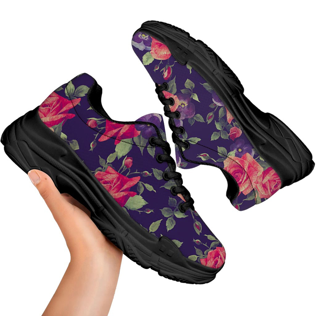 Rose Pansy Floral Flower Pattern Print Black Chunky Shoes
