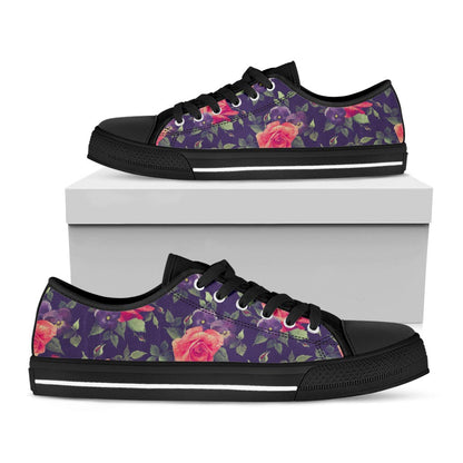 Rose Pansy Floral Flower Pattern Print Black Low Top Sneakers