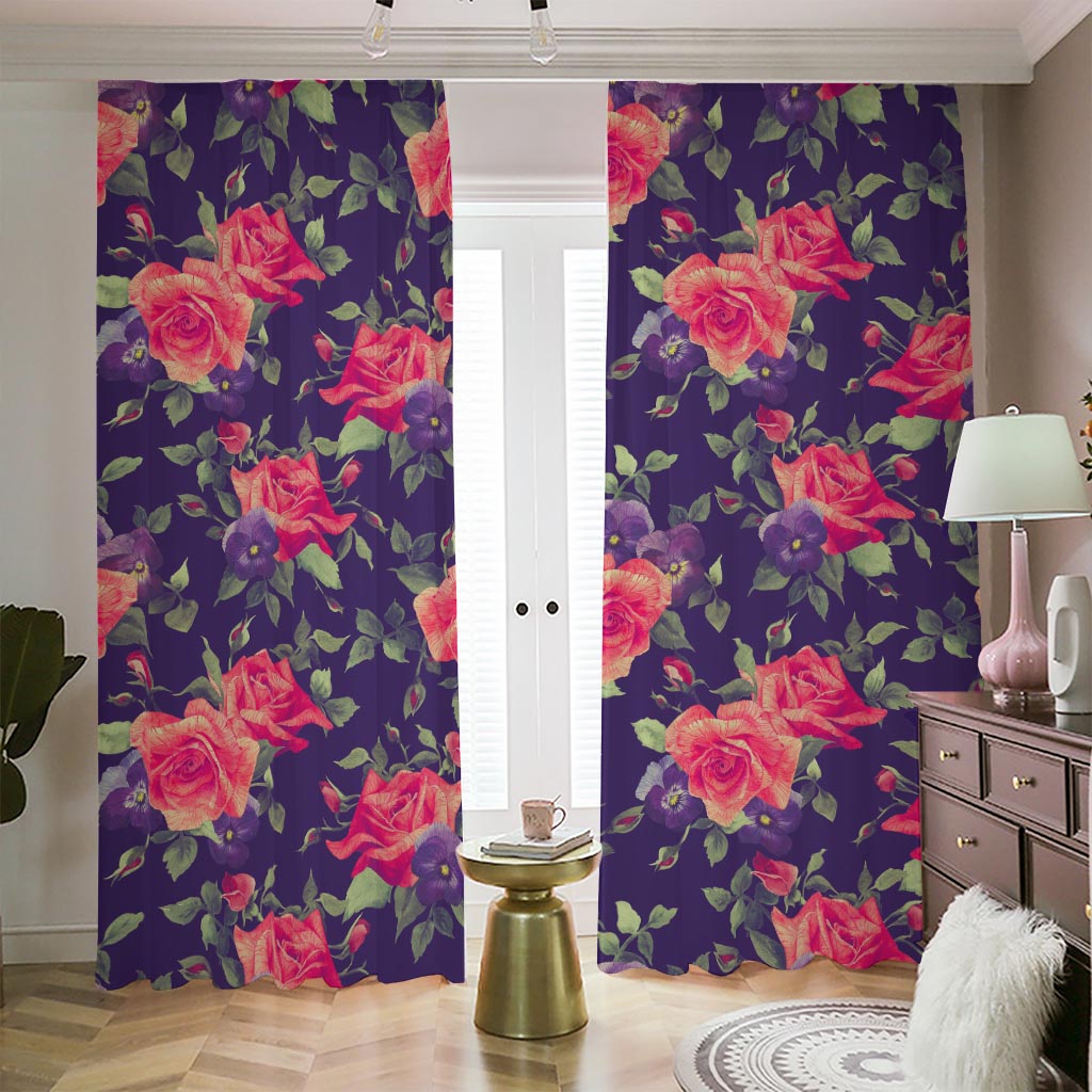 Rose Pansy Floral Flower Pattern Print Blackout Pencil Pleat Curtains