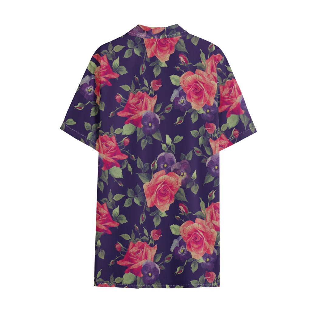 Rose Pansy Floral Flower Pattern Print Cotton Hawaiian Shirt