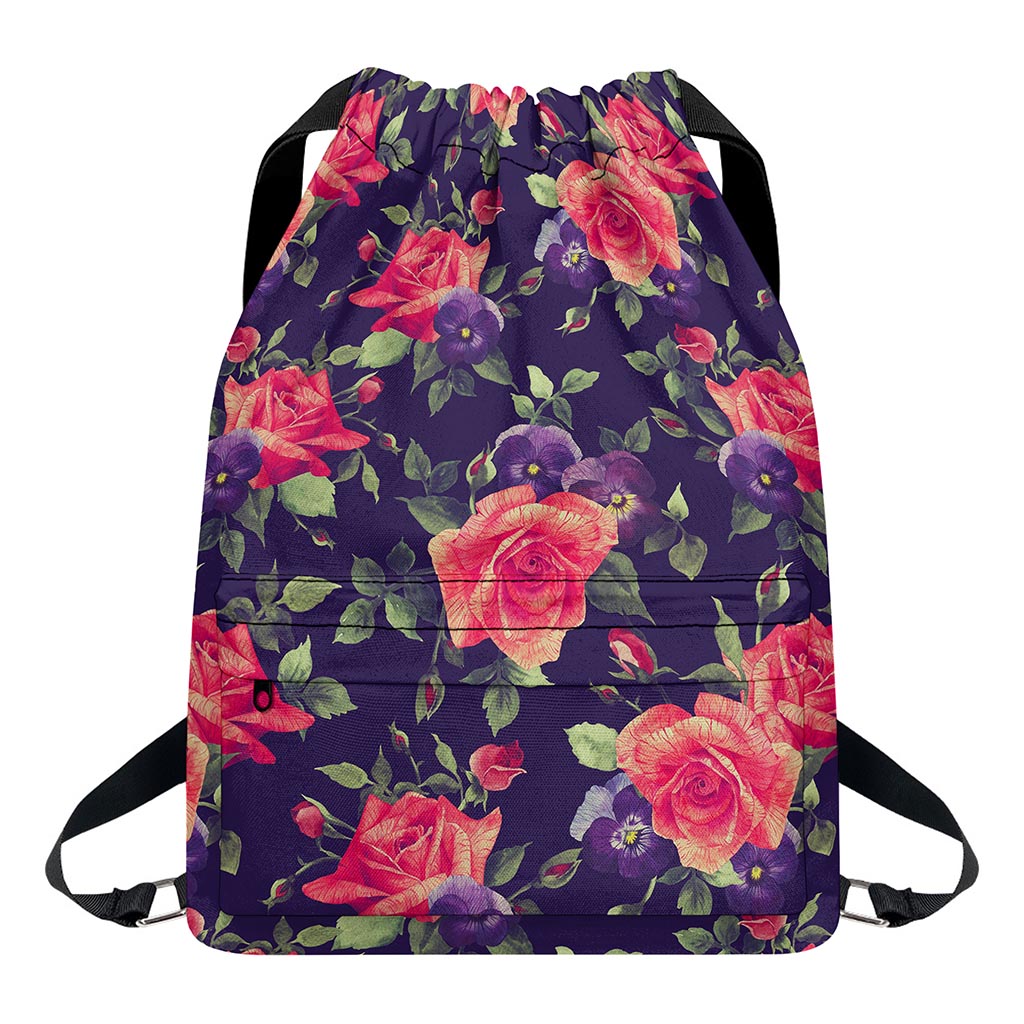 Rose Pansy Floral Flower Pattern Print Drawstring Backpack