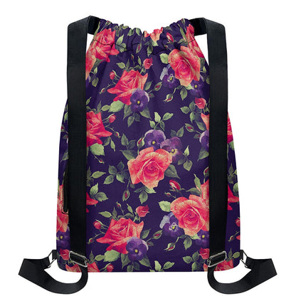 Rose Pansy Floral Flower Pattern Print Drawstring Backpack
