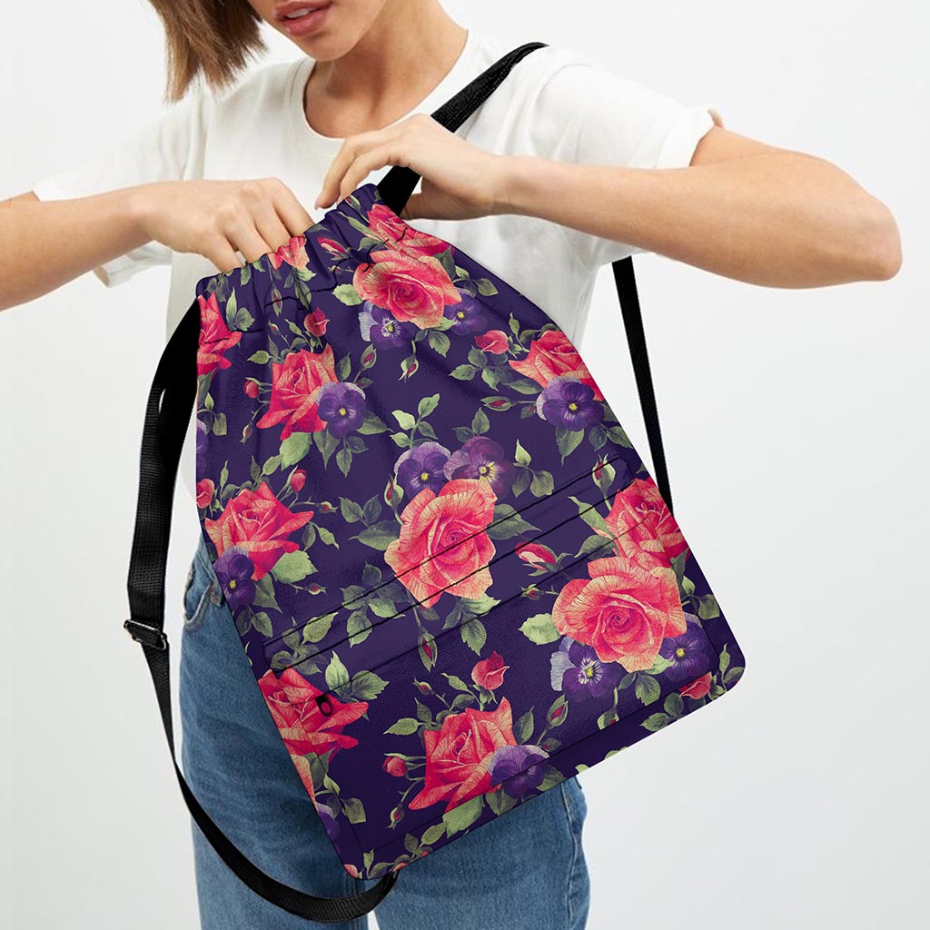 Rose Pansy Floral Flower Pattern Print Drawstring Backpack