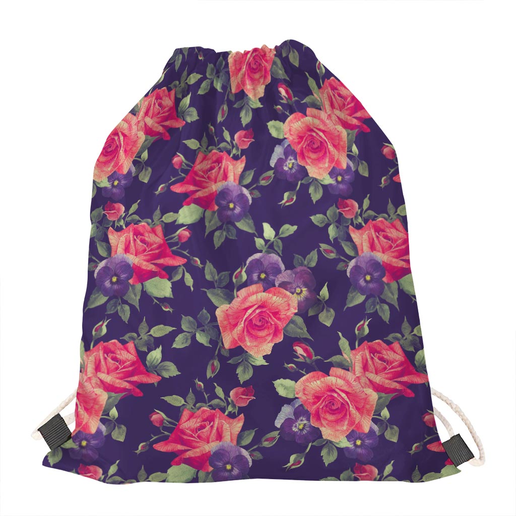Rose Pansy Floral Flower Pattern Print Drawstring Bag