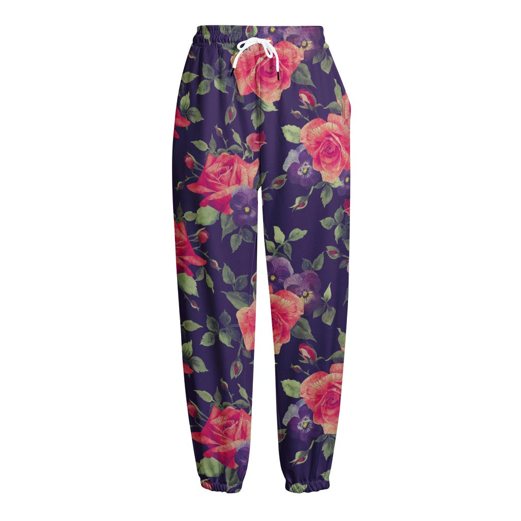 Rose Pansy Floral Flower Pattern Print Fleece Lined Knit Pants