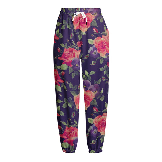 Rose Pansy Floral Flower Pattern Print Fleece Lined Knit Pants