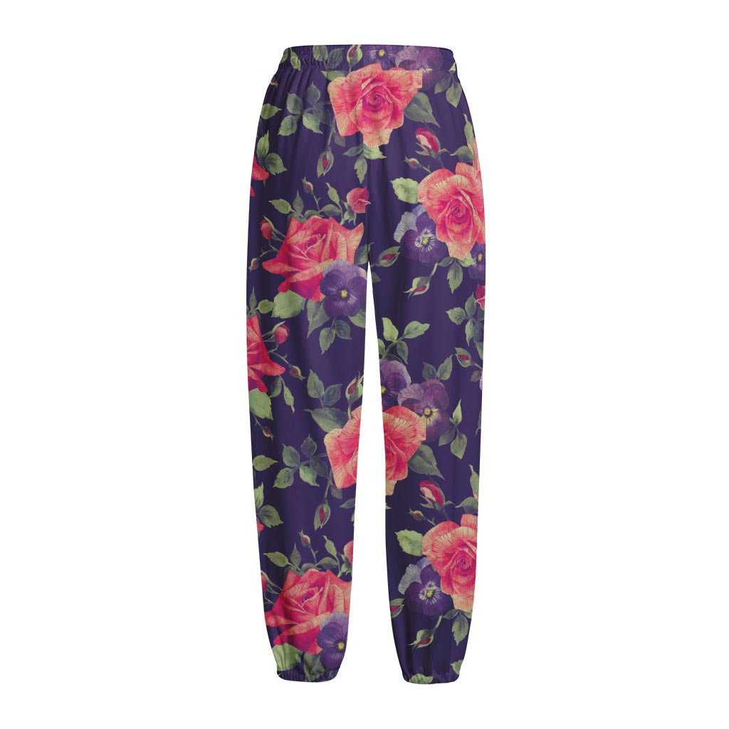 Rose Pansy Floral Flower Pattern Print Fleece Lined Knit Pants