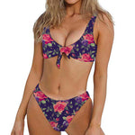 Rose Pansy Floral Flower Pattern Print Front Bow Tie Bikini