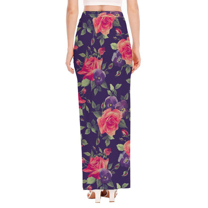 Rose Pansy Floral Flower Pattern Print High Slit Maxi Skirt