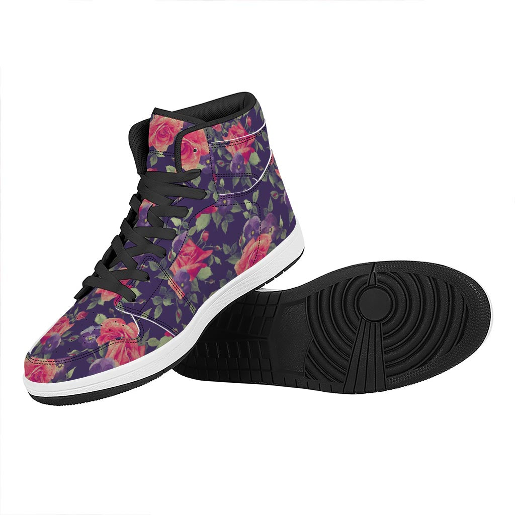 Rose Pansy Floral Flower Pattern Print High Top Leather Sneakers