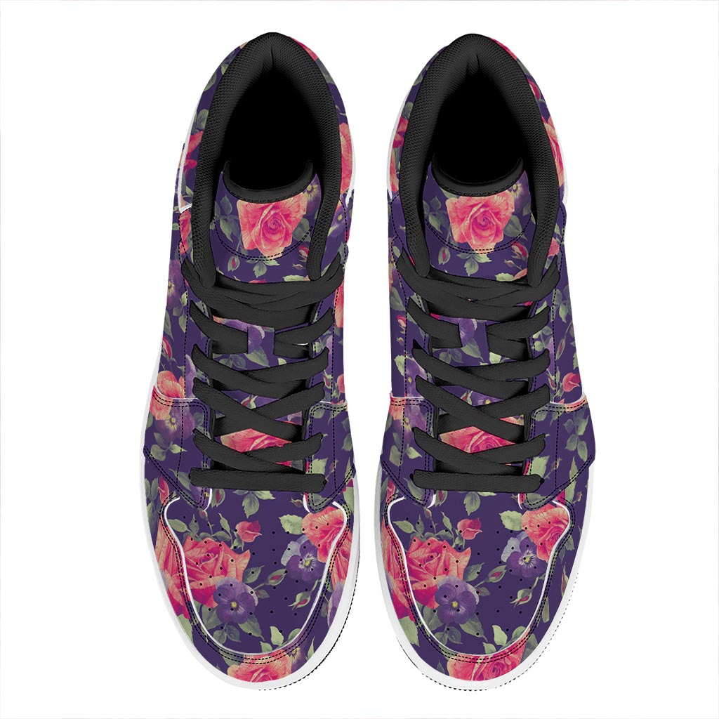 Rose Pansy Floral Flower Pattern Print High Top Leather Sneakers