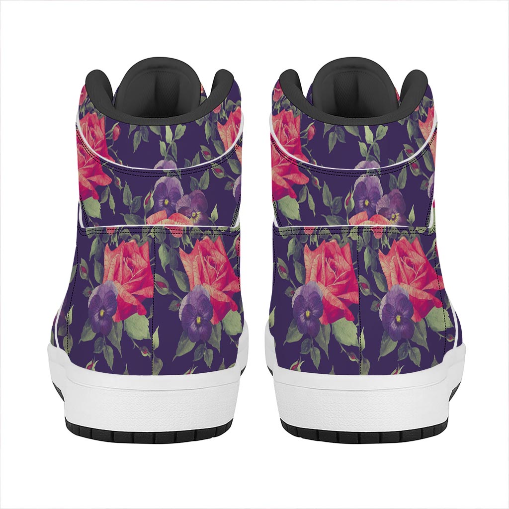 Rose Pansy Floral Flower Pattern Print High Top Leather Sneakers