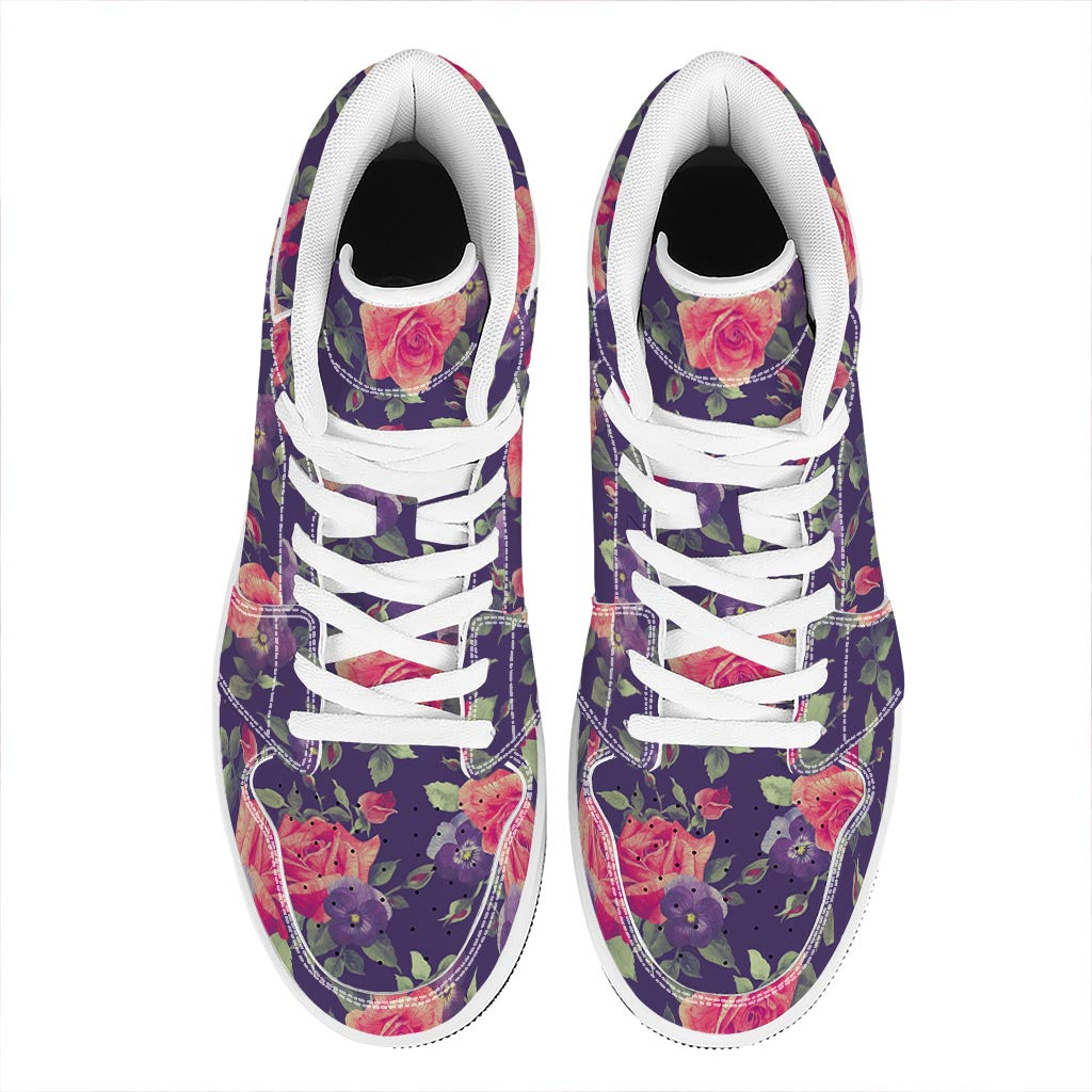 Rose Pansy Floral Flower Pattern Print High Top Leather Sneakers