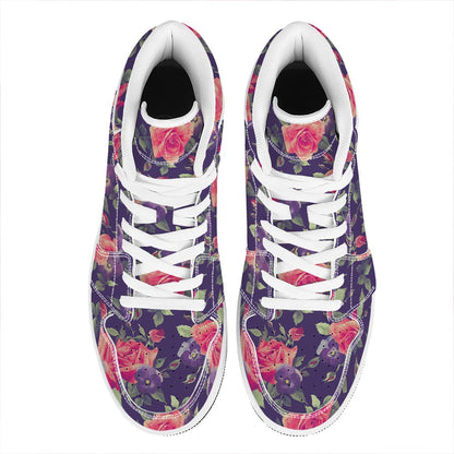 Rose Pansy Floral Flower Pattern Print High Top Leather Sneakers