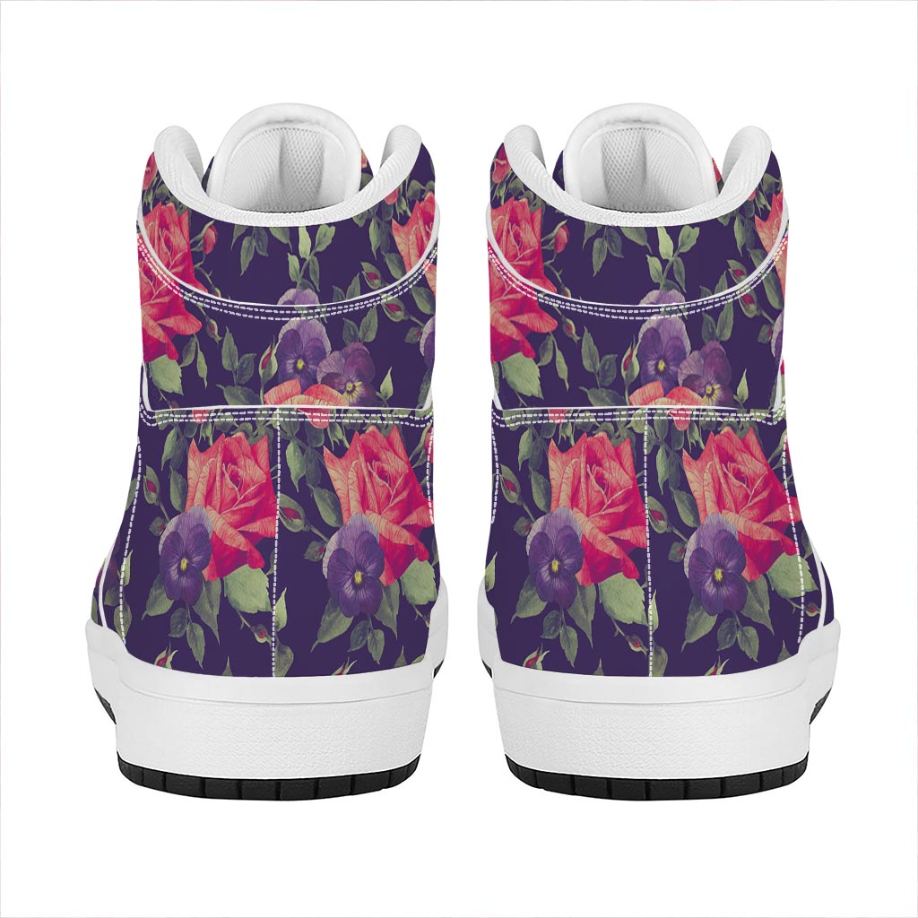 Rose Pansy Floral Flower Pattern Print High Top Leather Sneakers