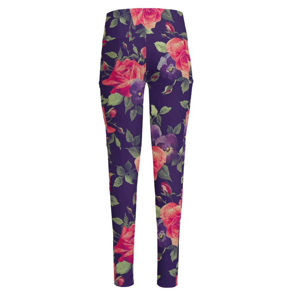 Rose Pansy Floral Flower Pattern Print High-Waisted Pocket Leggings
