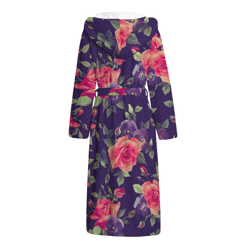 Rose Pansy Floral Flower Pattern Print Hooded Bathrobe