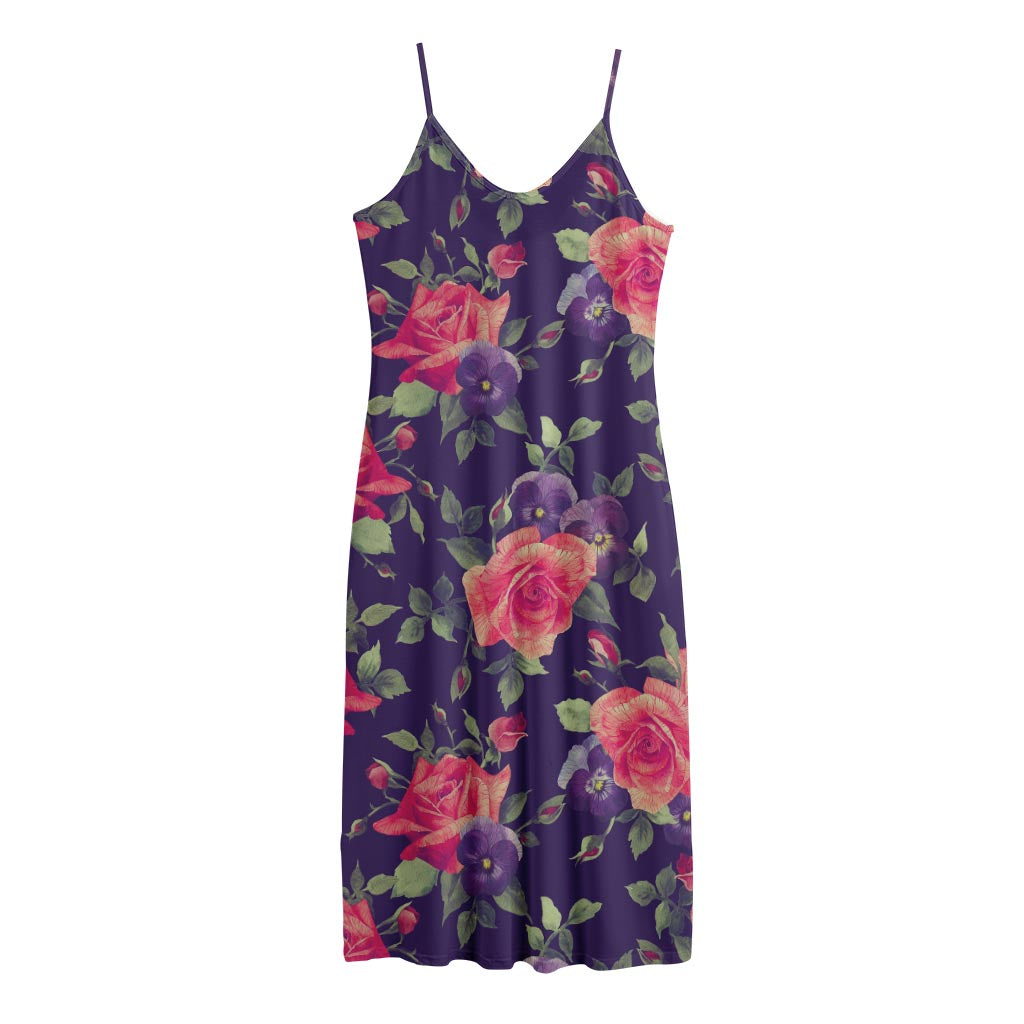 Rose Pansy Floral Flower Pattern Print Jersey Midi Cami Dress