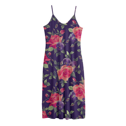 Rose Pansy Floral Flower Pattern Print Jersey Midi Cami Dress