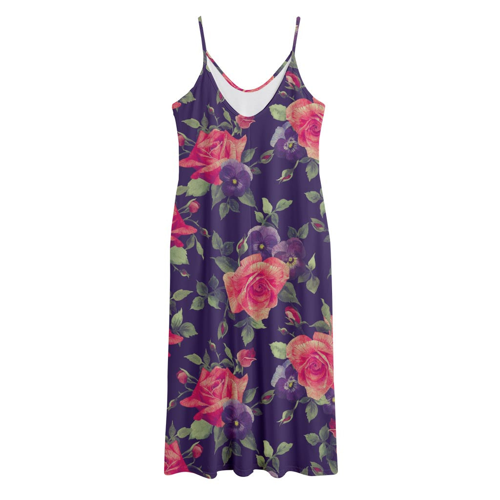 Rose Pansy Floral Flower Pattern Print Jersey Midi Cami Dress