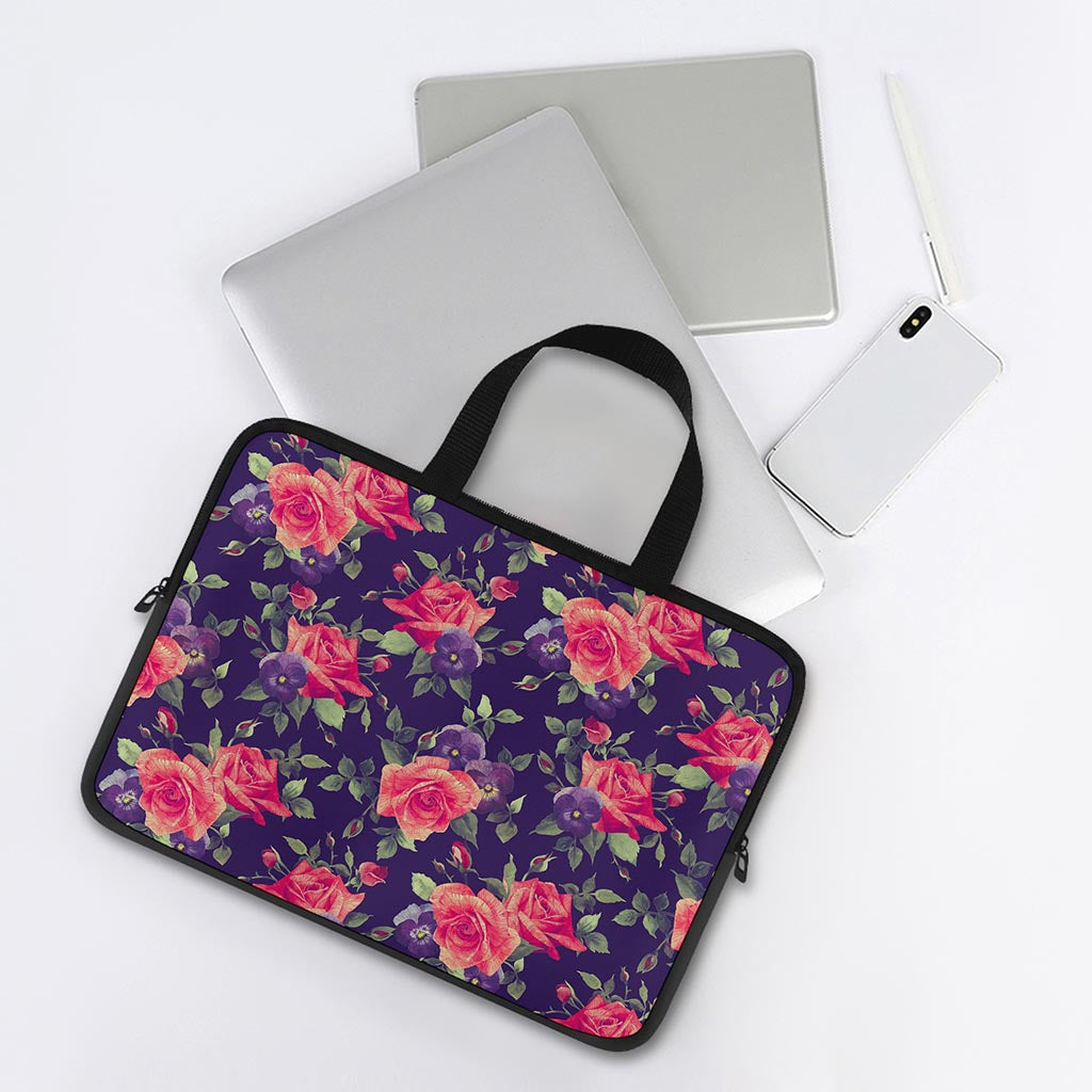 Rose Pansy Floral Flower Pattern Print Laptop Sleeve With Handle