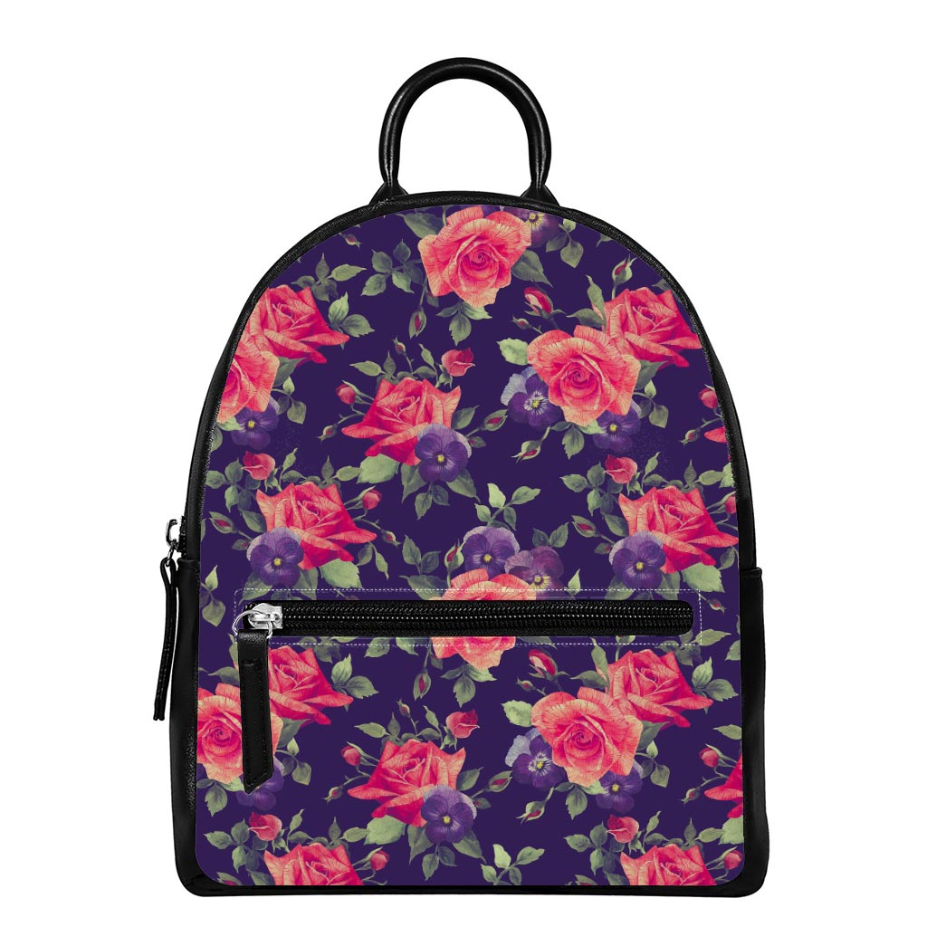 Rose Pansy Floral Flower Pattern Print Leather Backpack