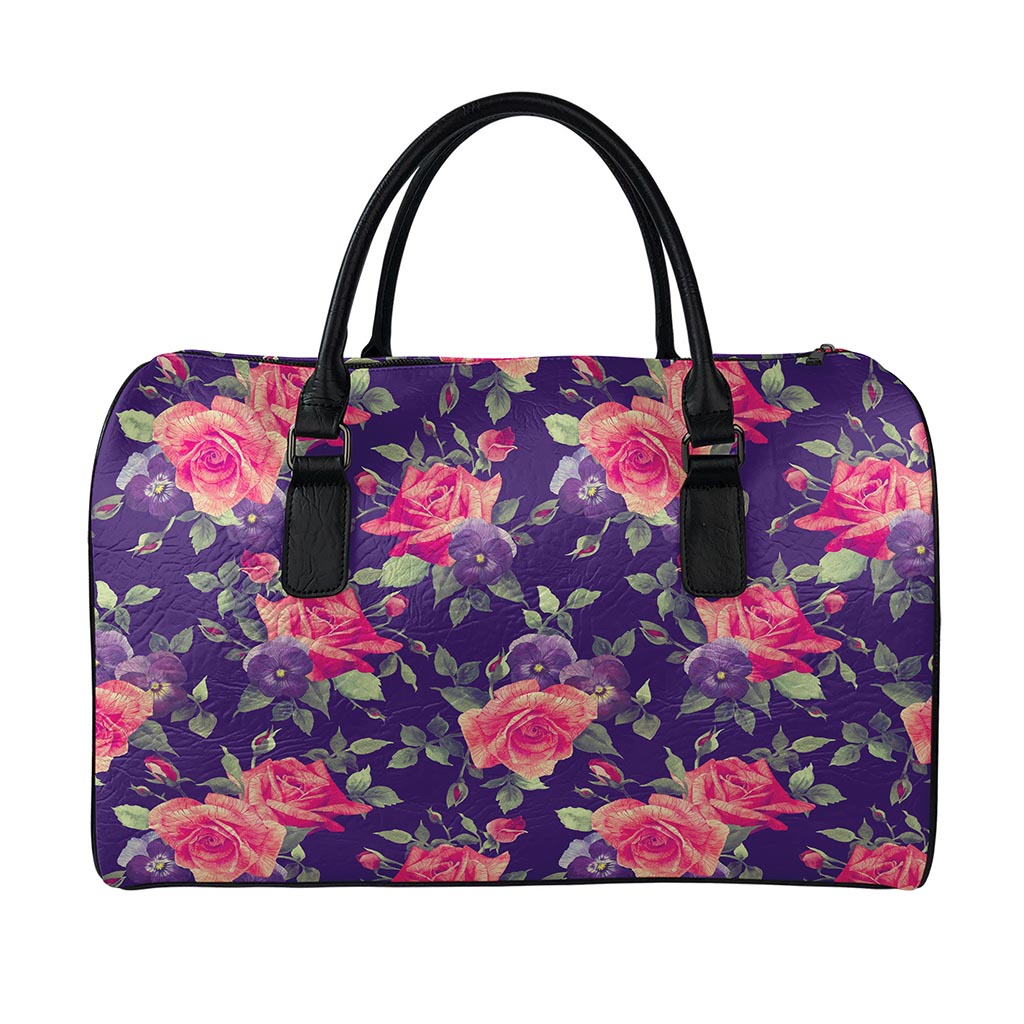 Rose Pansy Floral Flower Pattern Print Leather Duffle Bag