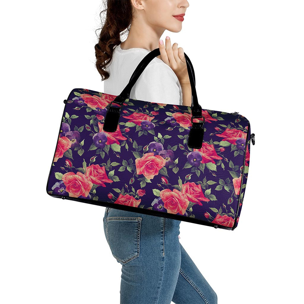 Rose Pansy Floral Flower Pattern Print Leather Duffle Bag