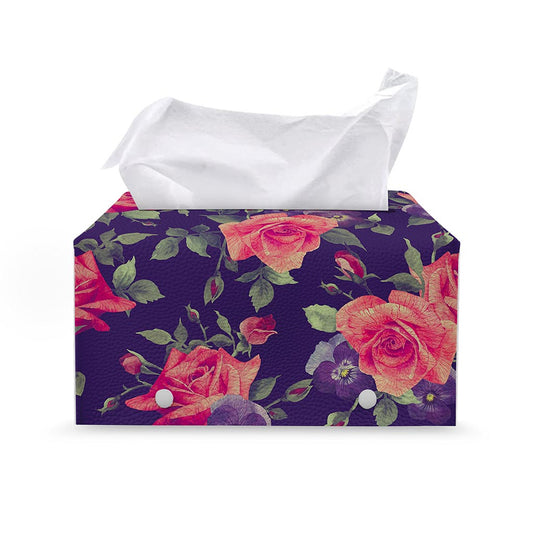 Rose Pansy Floral Flower Pattern Print Leather Tissue Box Cover
