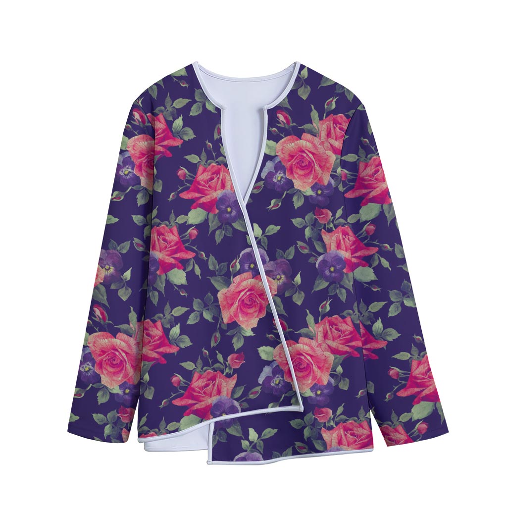 Rose Pansy Floral Flower Pattern Print Long Sleeve Short Coat