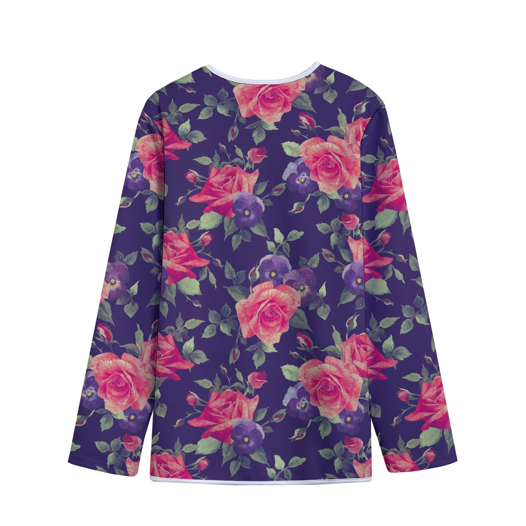 Rose Pansy Floral Flower Pattern Print Long Sleeve Short Coat