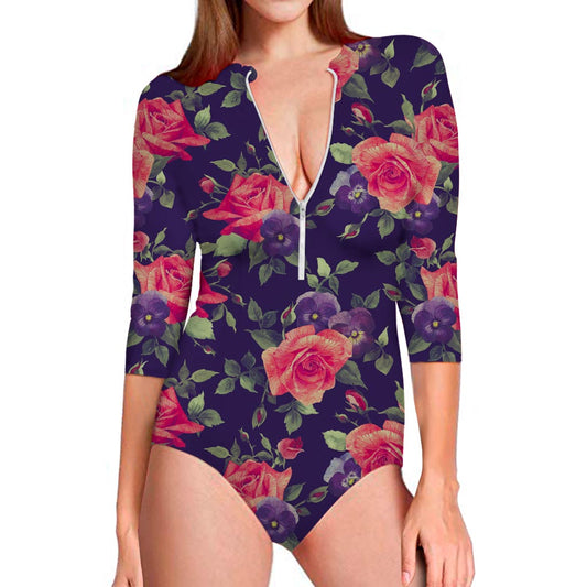 Rose Pansy Floral Flower Pattern Print Long Sleeve Swimsuit