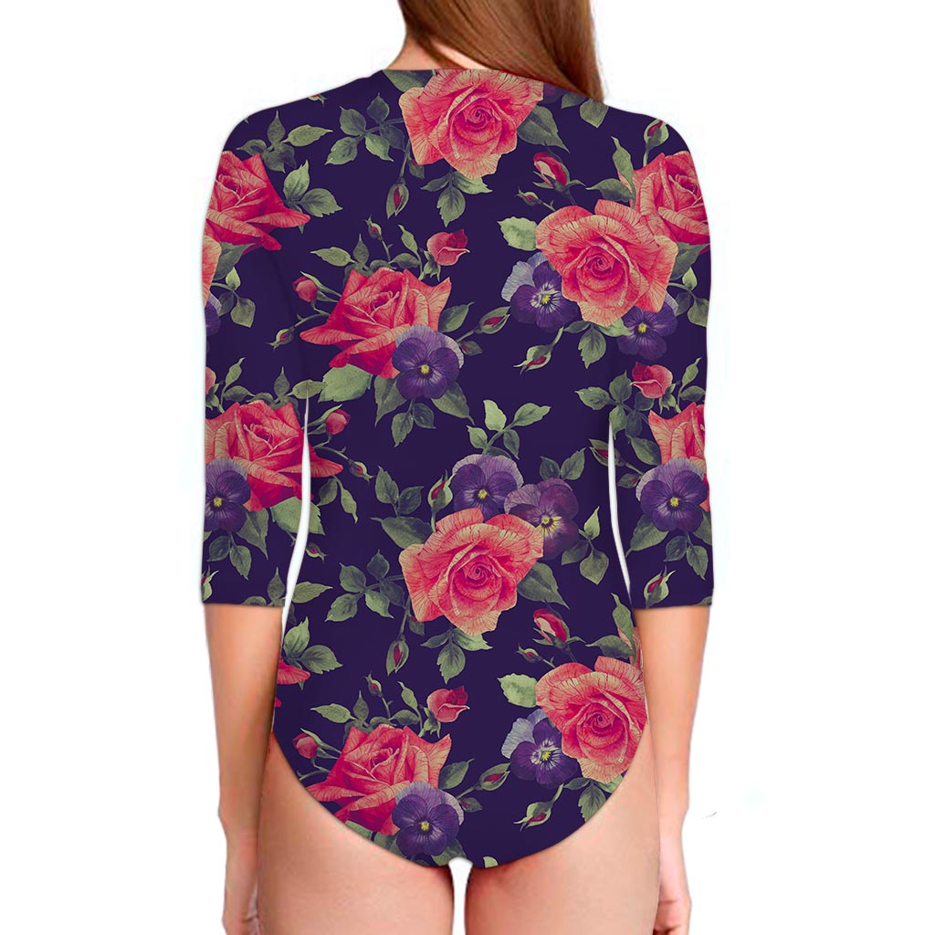 Rose Pansy Floral Flower Pattern Print Long Sleeve Swimsuit