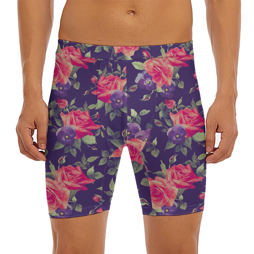 Rose Pansy Floral Flower Pattern Print Men's Long Boxer Briefs