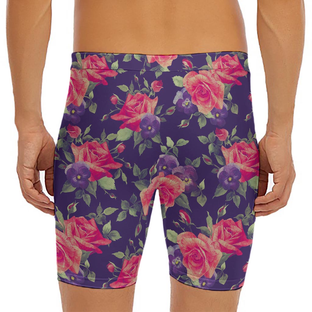 Rose Pansy Floral Flower Pattern Print Men's Long Boxer Briefs