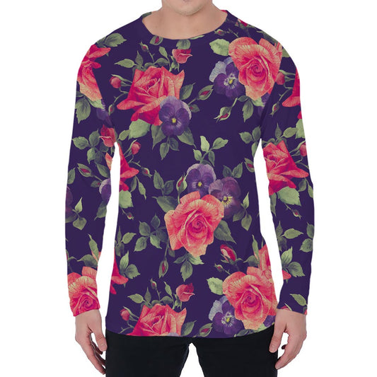 Rose Pansy Floral Flower Pattern Print Men's Long Sleeve T-Shirt