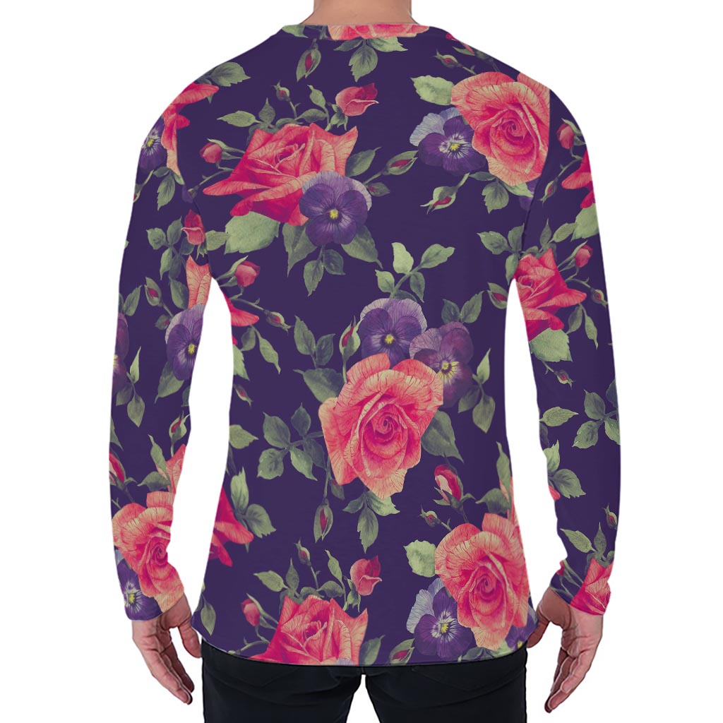 Rose Pansy Floral Flower Pattern Print Men's Long Sleeve T-Shirt