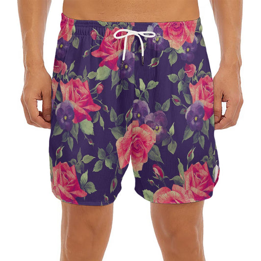 Rose Pansy Floral Flower Pattern Print Men's Split Running Shorts