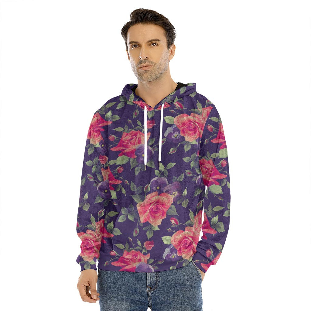 Rose Pansy Floral Flower Pattern Print Men's Velvet Pullover Hoodie