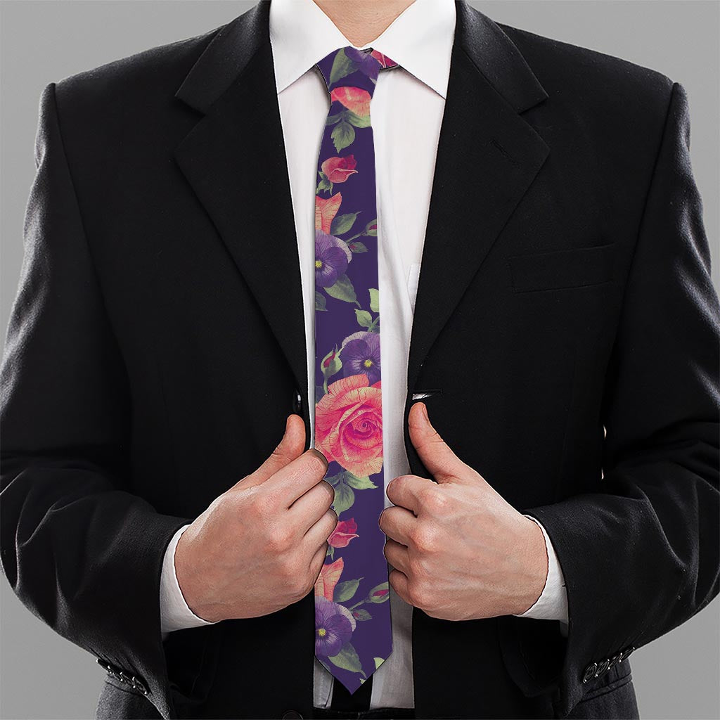 Rose Pansy Floral Flower Pattern Print Necktie