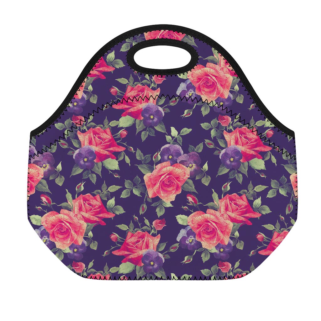 Rose Pansy Floral Flower Pattern Print Neoprene Lunch Bag
