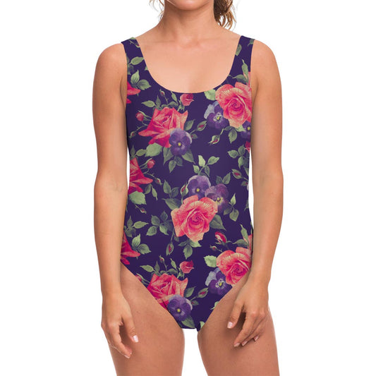 Rose Pansy Floral Flower Pattern Print One Piece Swimsuit