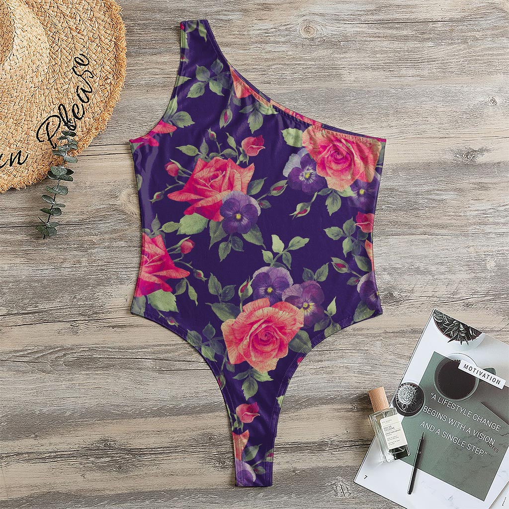 Rose Pansy Floral Flower Pattern Print One Shoulder Bodysuit