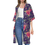 Rose Pansy Floral Flower Pattern Print Open Front Beach Cover Up
