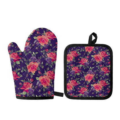 Rose Pansy Floral Flower Pattern Print Oven Mitt And Pot Holder Set