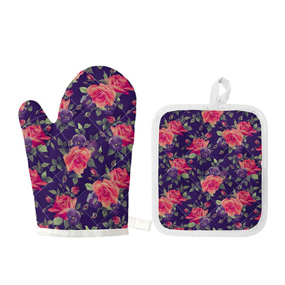 Rose Pansy Floral Flower Pattern Print Oven Mitt And Pot Holder Set