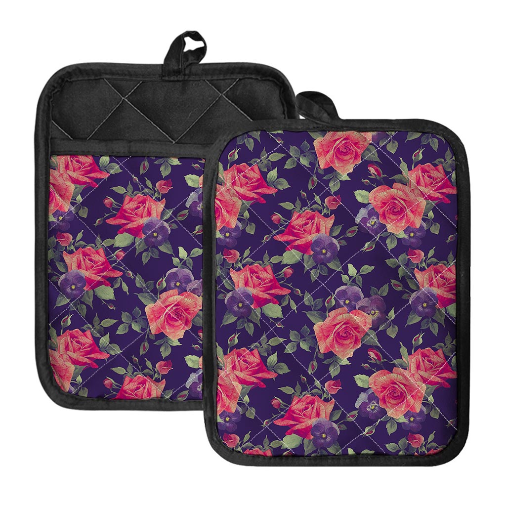 Rose Pansy Floral Flower Pattern Print Pot Holders With Pocket